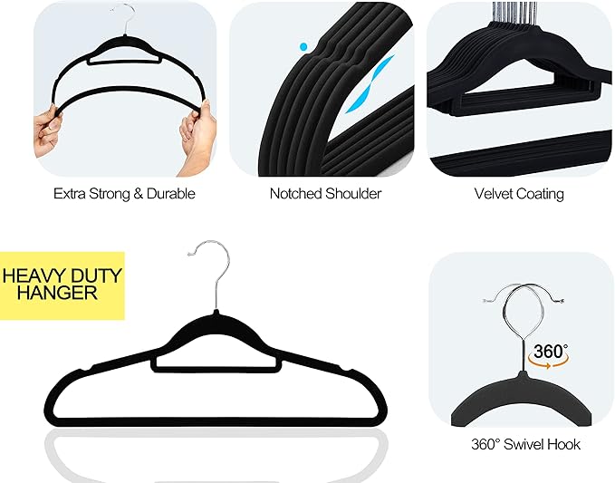 Premium Velvet Hangers, [50 Pack] Non Slip and Heavy Duty Velvet Suit Hangers (45cm) with Tie Bar, 360° Swivel Hooks, Sturdy to Hold Jumper, Pullovers, Jackets & Hoodies (50 Pack, Black)