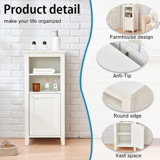 35.4" Tall Bathroom Floor Cabinet, 15.7" Wide Farmhouse Small Storage Cabinet with Door, Corner Floor Cabinet with Shelves, Organizer for Living Room, Kitchen, White