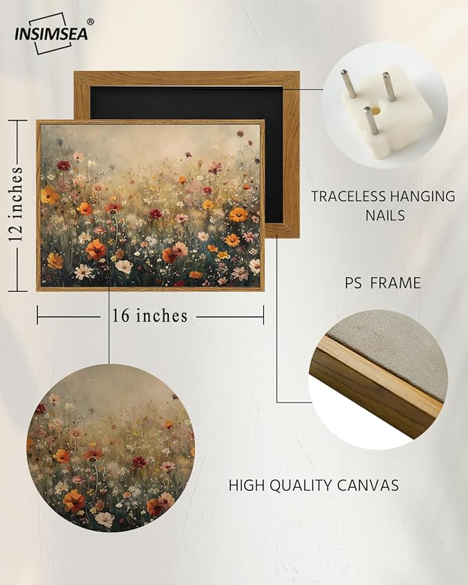 InSimSea Framed Canvas Wall Art Vintage Decor, Wall Decor for Living Room Bedroom Office Bathroom, Nature Landscape Flower Wildflower Oil Painting Prints, Home Desk Decorations, 12x16inch