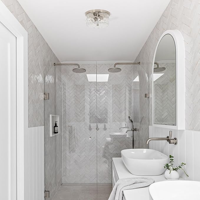 LamQee 9.8" Small Flush Mount Ceiling Light With Clear Hammered Glass, Brushed Nickel Hallway Light Fixtures Ceiling Mount for Bathroom, 2-Lights Farmhouse Close To Ceiling Light Kitchen Foyer Bedroom