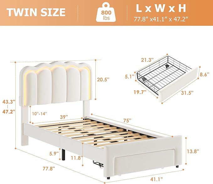 Twin Upholstered LED Bed Frame with Storage Drawer and Adjustable Chic Double Wavy Headboard, Velvet Princess Platform Bed for Kids/Girls, Solid Wood Slats Support, No Box Spring Needed, Beige
