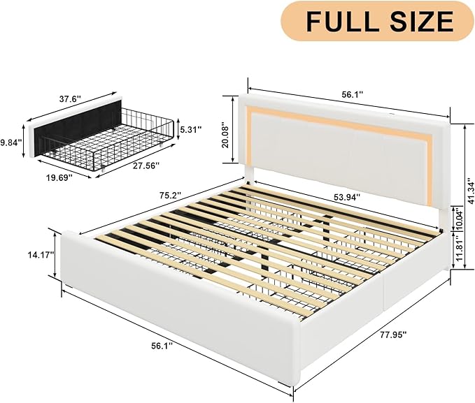 Full Bed Frame with 4 Storage Drawers and Adjustable Headboard, Upholstered Platform Bed with LED Lights and USB Ports, Solid Wooden Slats Support, Faux Leather, Easy Assembly, Beige