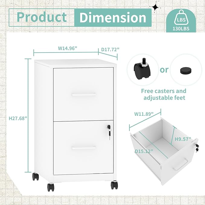 AQY 2 Drawer Mobile File Cabinet with Lock, Rolling Metal Filing Cabinets for Home Office, Vertical File Cabinet on Wheels, Small White File Storage Cabinets for Legal/Letter/A4 Files Assembly Require