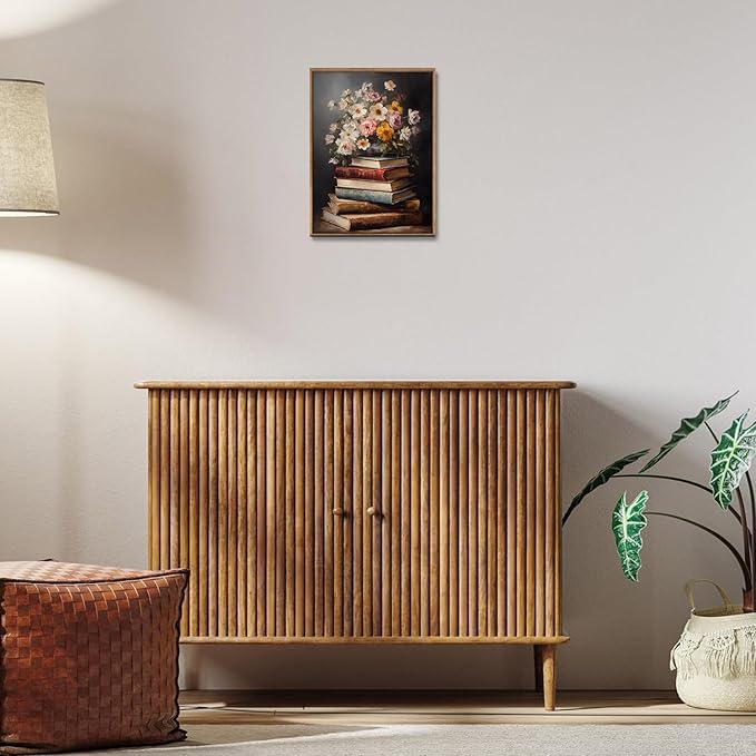 Djmwtb Vintage Framed Wall Art Floral Canvas Wall Art Prints Moody Flower Book Pictures Painting Wall Decor Artwork for Living Room Bedroom Bathroom Office 16x24in