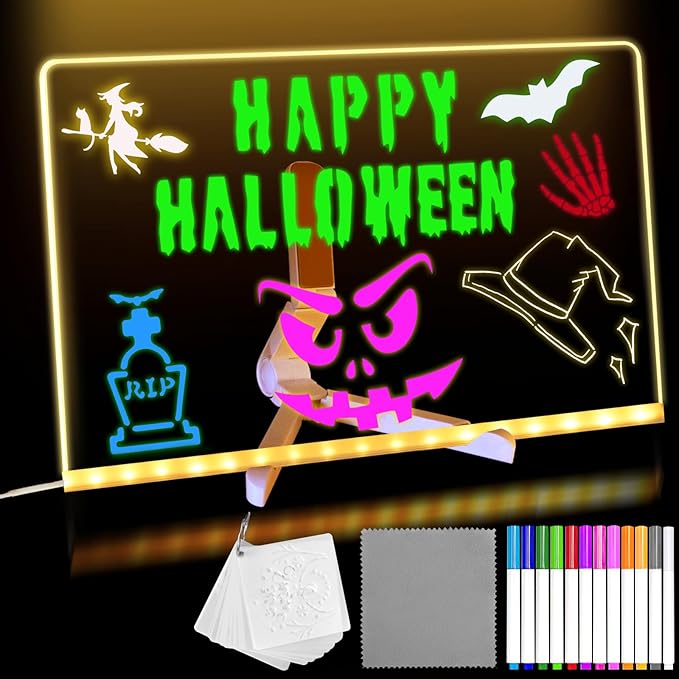 LED Acrylic Message Board, Light Up Acrylic Dry Erase Board 11.8x7.9” with Stand, LED Note Board with Colors for Kids, Glow Memo Message Writing Board with Light, Drawing Stencils Set Included