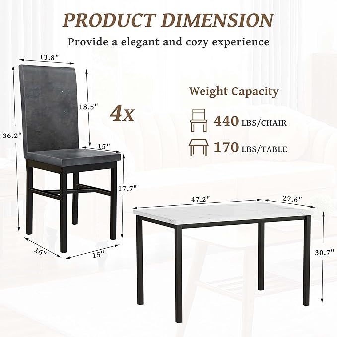 Dining Table Set for 4, 47.2" Faux Marble Kitchen Table Set with 4 Upholstered Velvet Chairs, Dinette Table Set for Dining Room, Kitchen, Breakfast Corner (Gray)