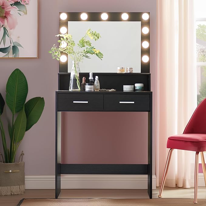 MIRROTOWEL Vanity Desk with Mirror and Lights, Dressing Table with Large Drawer, 2 Level Storage Dresser & 3 Lighting Modes Adjustable Brightness, Suitable for Bedroom