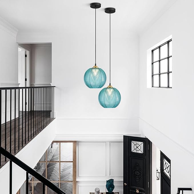 KCO Lighting Mid Century Modern Blue Glass Pendant Light Large Globe Kitchen Island Dining Pendant Lights Black Round Ceiling Hanging Lighting Fixture Adjustable Cord Farmhouse Foyer Chandelier