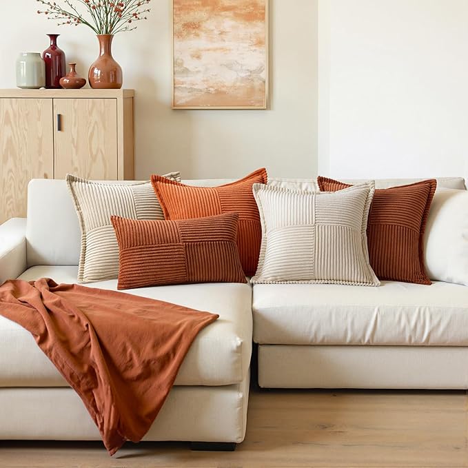 MIULEE Dark Rust Fall Decorative Throw Pillow Covers for Couch Bed Livingroom 20x20 Inch Set of 2 Boho Accent Throw Pllows Broadside Striped Patchwork Soft Corduroy Pillowcases