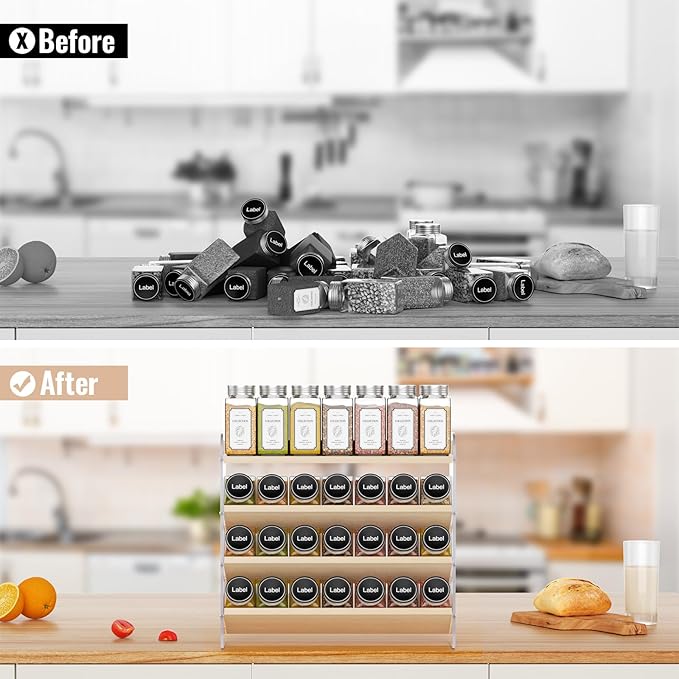 MUDEELA Clear Spice Rack Organizer for Cabinet, 4 Tiered Vertical Spice Shelf, Wooden Material, Seasoning Organizer for Countertop, Kitchen, Pantry, Freestanding, 13.3" W × 11.2" H (No Jars Included)
