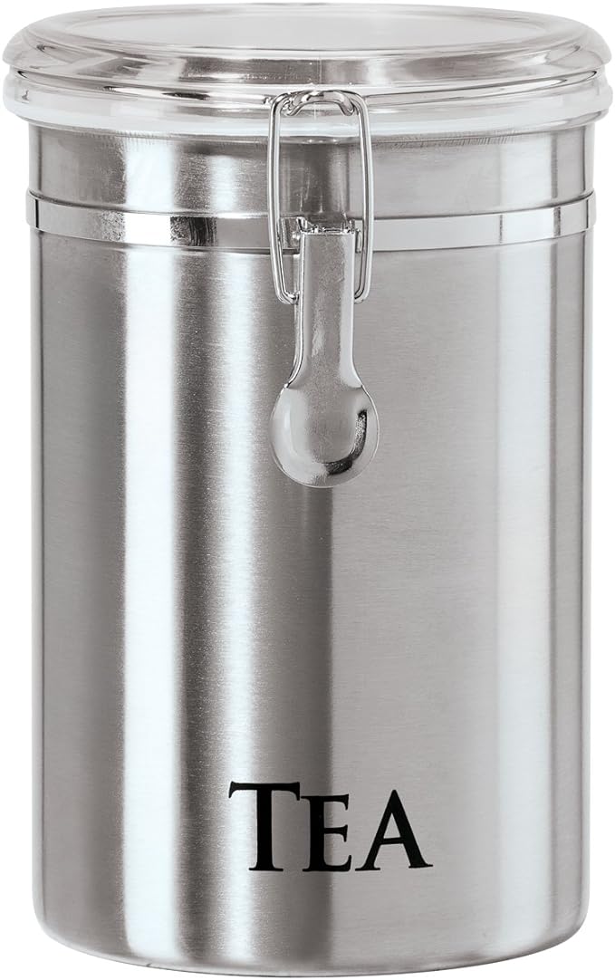 Oggi Stainless Steel Tea Canister 62 fl oz - Airtight Clamp Lid, Clear See-Thru Top - Ideal for Tea Bag, Loose Tea, Kitchen Storage, Pantry Storage. Large Size 5" x 7.5".
