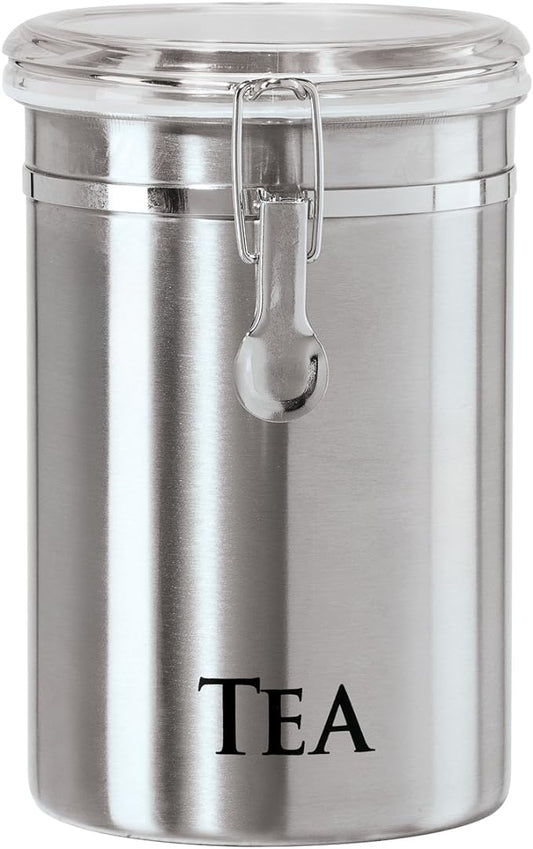 Oggi Stainless Steel Tea Canister 62 fl oz - Airtight Clamp Lid, Clear See-Thru Top - Ideal for Tea Bag, Loose Tea, Kitchen Storage, Pantry Storage. Large Size 5" x 7.5".