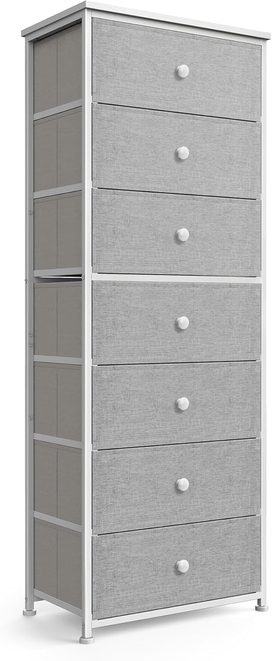 Tall Fabric Dresser for Bedroom, Vertical Storage Organizer Tower with 7 Drawers, Chest of Drawers with Bins, Steel Frame, Wood Top for Bedroom, Closet, Entryway Light Grey