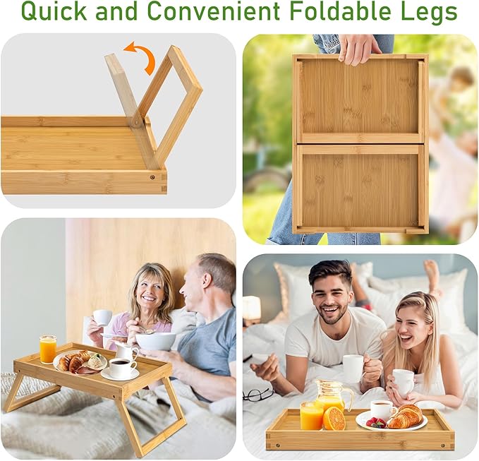 Bamboo Bed Tray Table with Foldable Legs, Breakfast Tray, Laptop Desk for Bed or Sofa,Serving,TV Table Kitchen, Eating,Working, Reading (Beige)
