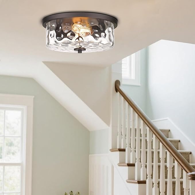 Indoor Flush Mount Lights, 2-Light Interior Hammered Glass Ceiling Fixture, Antique Bronze for Hallway, Dining Room, Kitchen