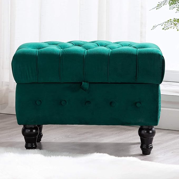 Artechworks Button Tufted Storage Ottoman, Velvet Upholstery Footstool Bed Ottoman for Living Room, Home Office, Space-Saving Storage Toy Box Coffee Table Stool, Green