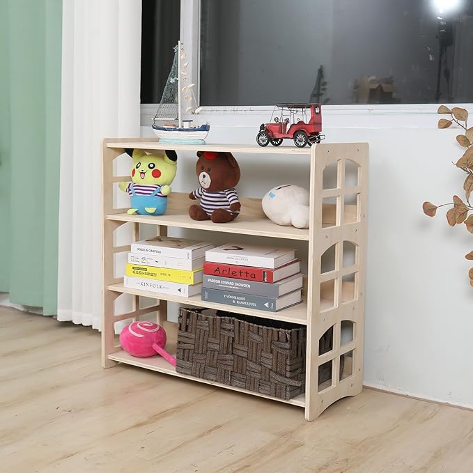 Montessori Bookshelf Toy Shelf Kids Storage Organizer for Toys Book Shelves for Kids Room Sturdy and Safe Toddler Wood Classroom Childrens Bookcases(4Tier)