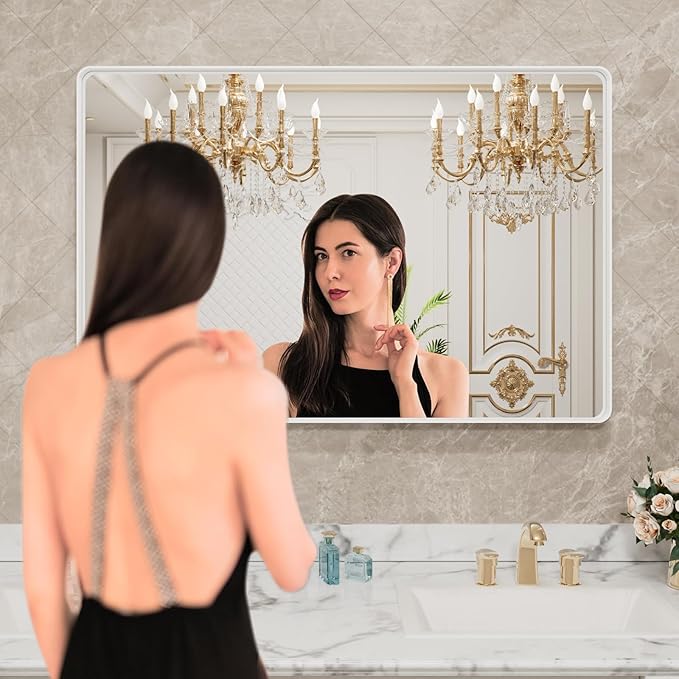 LOAAO 40x32 Inch White Metal Framed Bathroom Mirror for Wall, White Bathroom Vanity Mirror Farmhouse, Large Rounded Rectangle Mirror, Anti-Rust, Tempered Glass, Hangs Horizontally or Vertically