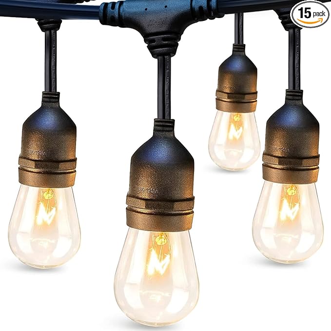 addlon 36 FT Outdoor String Lights Commercial Grade Weatherproof Strand, 15 Edison Vintage Bulbs, 12 Hanging Sockets and 3 Spare Bulbs, ETL Listed Decorative Cafe Patio Lights for Bistro Garden
