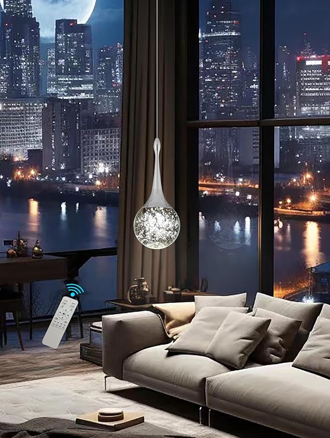 Flashing God Silver 1 Light Teardrop Crystal Pendant Lighting,Integrated Pendant Light with Crystal Bubble for Kitchen Island Globe Fixtures, Chromed Finishe 2700k 4500k 9000k