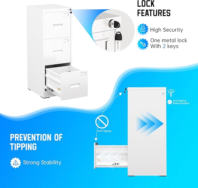 Greenvelly 18" D File Cabinet, 3 Drawer Filing Cabinet with Lock, Locking Vertical File Cabinet for Home Office, White Metal File Cabinet for Hanging Letter/Legal Folders, Easy Assemble