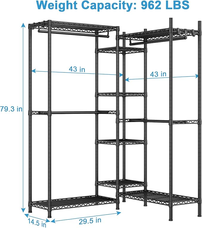 Ulif E4 Clothes Rack, Heavy-Duty Garment Rack, Metal Freestanding Clothing Organization Storage System Can Be L-Shaped with Shelves and Hangers, Max Load 962lbs, 71.6" W x 14.5" D x 79.3" H, Black