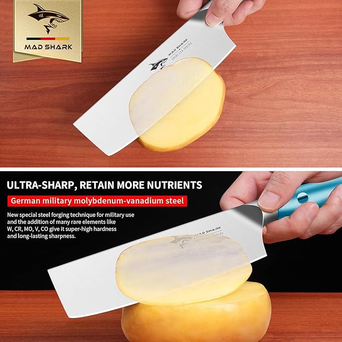 MAD SHARK Nakiri Chef Knife 7 Inch Vegetable Knives, Ultra Sharp Knife, Multipurpose Chopping Knife with Precision and Beauty, for Home and Kitchen, Unique gift for Family with Box，Blue
