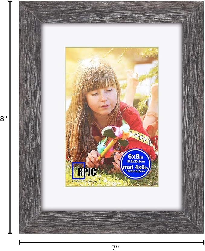 RPJC 6x8 inch Picture Frame Made of Solid Wood and High Definition Glass Display Pictures 4x6 with Mat or 6x8 Without Mat for Wall Mounting Photo Frame Driftwood Finish
