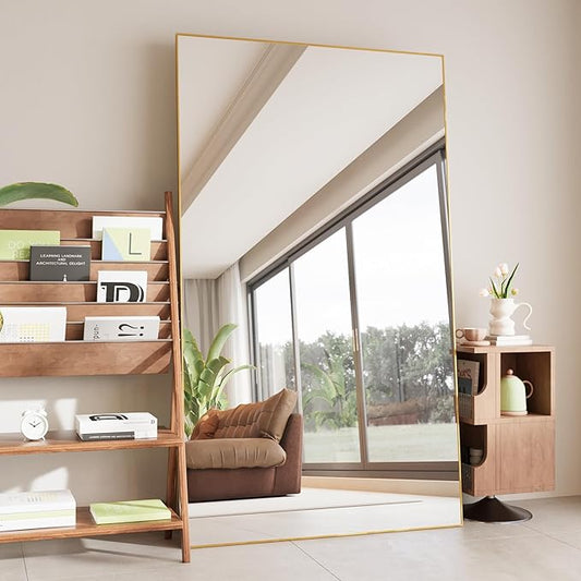 FANYUSHOW 76.3"x37" Full Length Mirror Floor Standing Aluminum Frame for Living Room, Tempered Glass Floor Mirror, Simple Home Decor, Wall Decor for Bedroom & Bathroom, Large Full Body Mirror, Gold