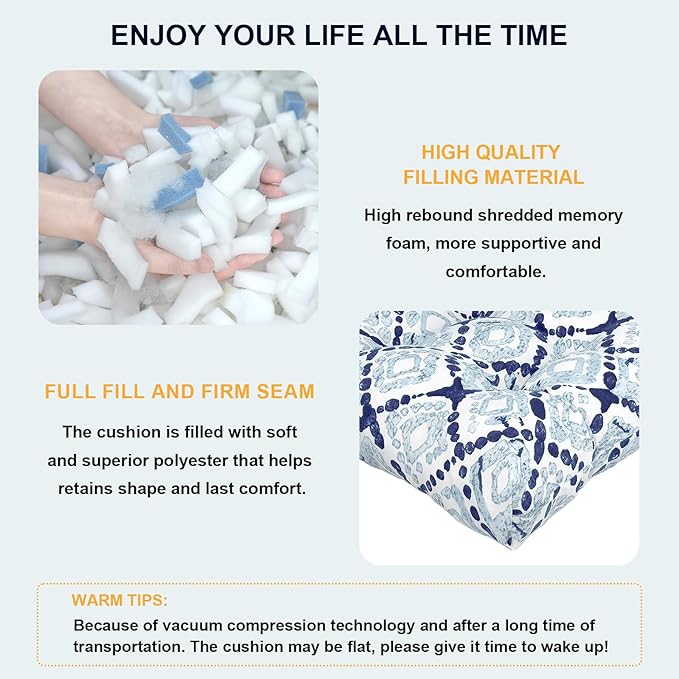 Set of 2 Outdoor Tufted Chair Cushions 19"x19"x4", Water Repellent Patio Seat Cushions with Ties, Replacement Chair Pads for Wicker Dining and Patio Furniture - Boho Geometry Blue