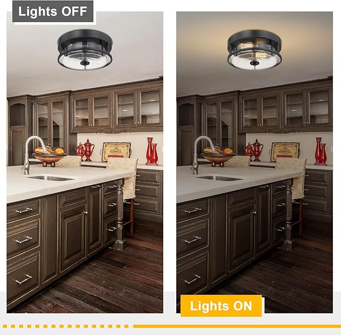 2-Light Flush Mount Ceiling Light, Farmhouse Industrial Black Finish with Seeded Glass Ceiling lamp, Modern Ceiling Light Fixture for Bedroom Living Room Kitchen Hallway Entryway