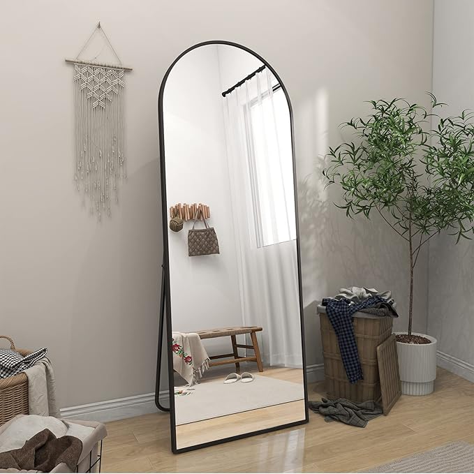 BEAUTYPEAK 64"x21" Arch Floor Mirror, Full Length Mirror Wall Mirrors Hanging or Leaning Arched-Top Full Body Mirror with Stand for Bedroom, Dressing Room, Black