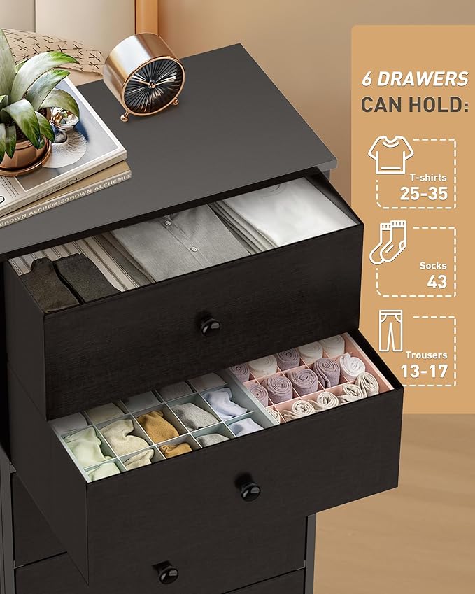 Tall Fabric Dresser for Bedroom, Vertical Storage Organizer Tower with 6 Drawers, Chest of Drawers with Bins, Steel Frame, Wood Top for Bedroom, Closet, Entryway Black