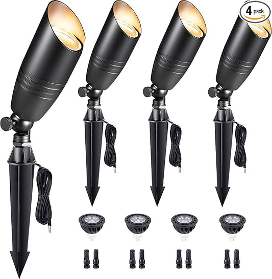 Brass Landscape Lighting - Black Low Voltage Spotlights Outdoor LED, 12V Wired Uplights, Waterproof Spot Lights for Outside Trees with 5W 5000K Daylight MR16 Bulb (4 Pack)