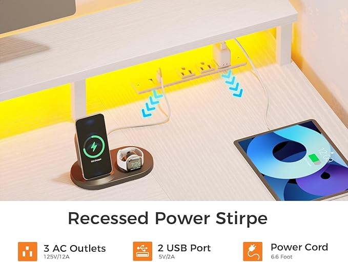 ODK L Shaped Desk with File Drawer, 75" Reversible L Shaped Computer Desk with Power Outlet & LED Strip, Home Office Desk with Storage Shelves, Gaming Desk with Monitor Shelf, Corner Desk, White