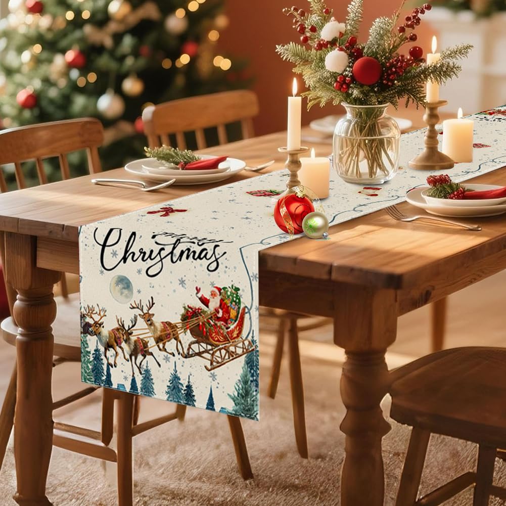 RABUSOFA Merry Christmas Table Runner 13 x 72 Inch, Santa Claus Sleigh Reindeer Seasonal Winter Xmas Holiday Kitchen Dining Table Decoration for Indoor Outdoor Home Party Decor Blue