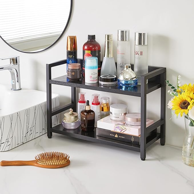 IBUYKE 2-Tier Spice Rack Industrial Counter Shelf Desktop Storage Organizer Standing Seasoning Rack for Countertop Kitchen Office Living Room Desktop Black UTLJ002B