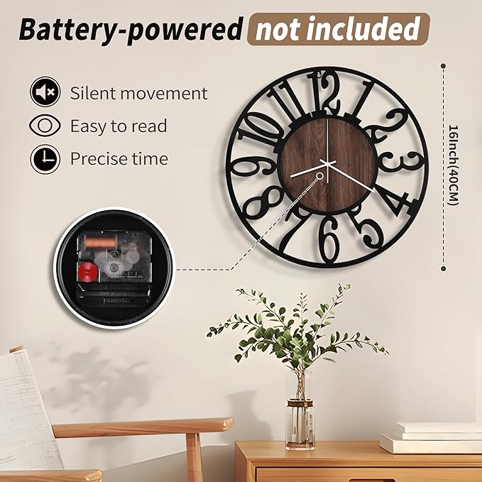 Maxstar Wall Clock Battery Operated,Silent Non-Ticking Modern Rustic Metal Round Clocks Small for Living Room/Bedroom/Office/Kitchen/Farmhouse Home Decor-16 Inch(Brown-Wood)