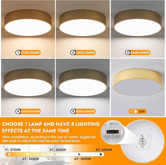 Dimmable Modern Large Flush Mount Close to Ceiling Light Fixture,Round Painted Gold LED Ceiling Mounted Lights Fixtures,5CCT 2700K-6000K Lighting for Kitchen Master Bedroom Living Room,15.7in