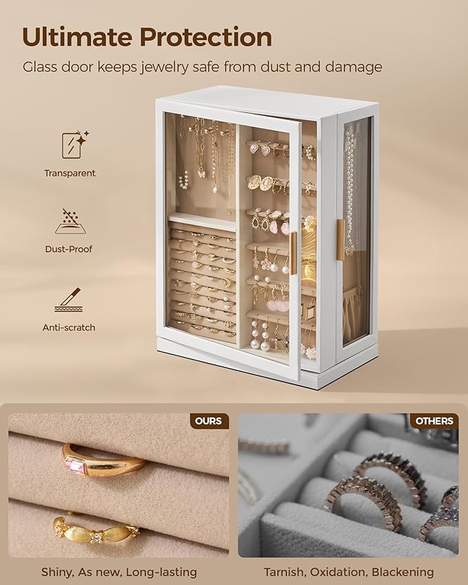 360° Rotating Jewelry Box with 9 Drawers, Spacious Vertical Jewelry Organizer with Glass Window, Jewelry Storage Case, Dustproof & Moisture-resistant Design, White