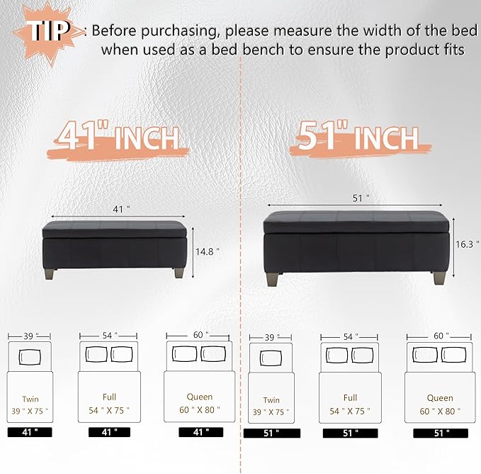 Black Faux Leather Ottoman with Storage, Rectangular Extra Long Storage Bench for Bedroom and Living Room