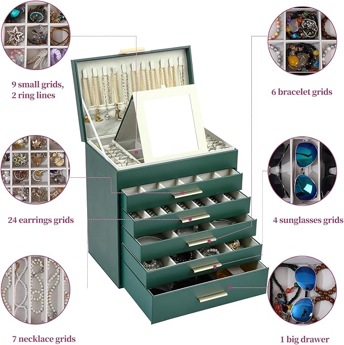 BOOVO Jewelry Box with Necklace Hanger – 6 layer Jewelry Organizer for Women with 5 Drawers, Large Jewelry Storage Boxes –Jewelry Organizers and Storage for Earrings, Necklaces (Green, 6 layer)