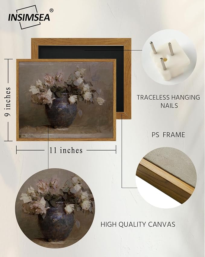 InSimSea Framed Canvas Wall Art Vintage Decor, Home Decor Flower in Pots Canvas Wall Painting Decor, Rustic Farmhouse Wall Decoration, Canvas Prints for Living Room Bedroom Office, 9"x11"