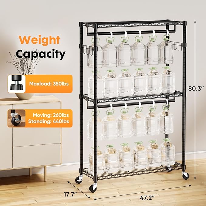 Sweetcrispy Rolling Clothes Rack, Heavy Duty Garment Racks 3 Tiers Portable Adjustable Wire Shelves with Wheels, Hanging Rods, Hooks Freestanding Clothing Wardrobe Closet (17.7"L x 47.2"W x 80.3"H)