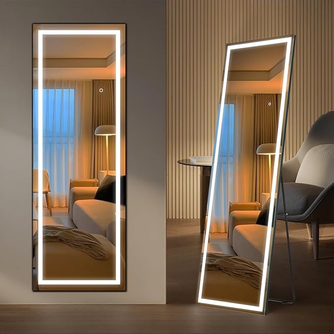 64" x 22" Full Length Tempered Glass LED Floor Mirror - Big Wall/Standing Mirror with Lights, Dimmable Touch Screen & Adjustable Color (White/Warm Light), Full Body Mirror for Bedroom, Dressing Room