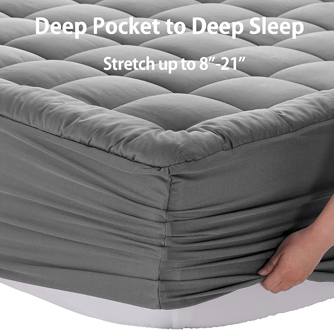 EASELAND California King Mattress Pad Pillow Top Mattress Cover Quilted Fitted Mattress Protector Long 8-21" Deep Pocket Cooling Mattress Topper (72x84 Inches, Light Grey)