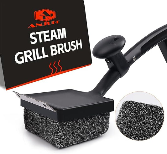Grill Brush Bristle Free, 4 in 1 Grill Brush for Outdoor Grill with Replaceable Cleaning Head, Extra Long Safe Steam Grill Cleaner Brush with Scraper for Cast Iron, Stainless-Steel Grates