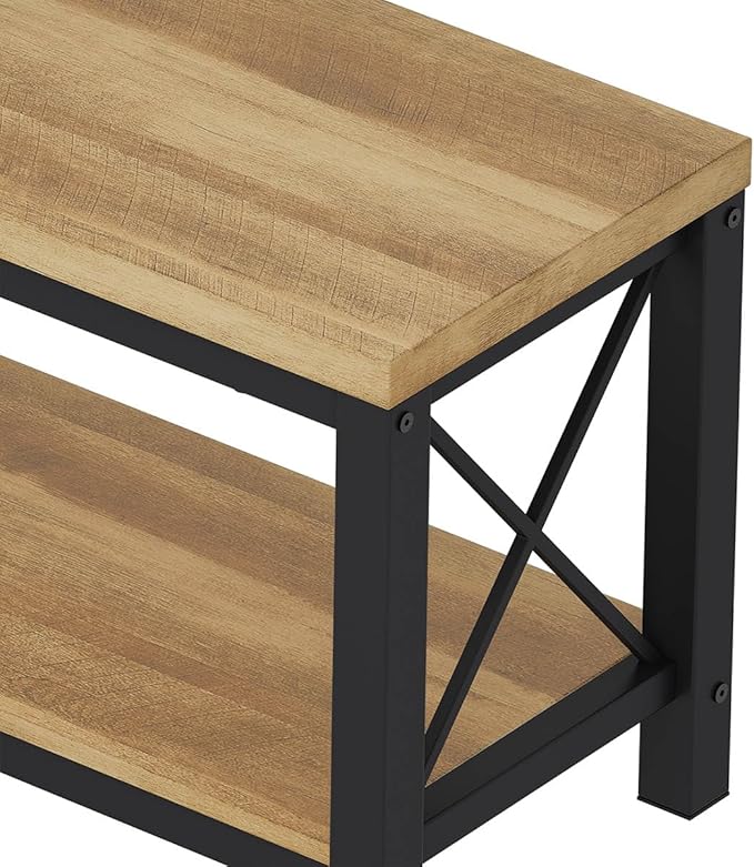 BON AUGURE Entryway Bench, Farmhouse Shoe Benches, Wooden Metal Entry Storage Bench with Shelf for Mudroom, Bedroom, Hall (47 inch Wide, Vintage Oak)