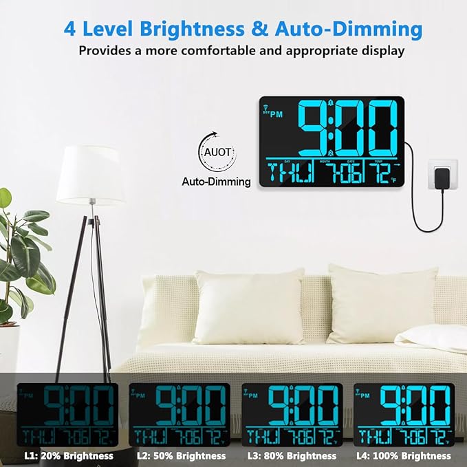 13" Bluetooth Auto Sync Wall Clock - Large Digital Alarm Clock with Remote, 25 Ringtones, Dual Alarm, Adjustable Brightness, 12/24H, Auto DST, for Living Room, Kitchen, Office, Elderly（Blue）