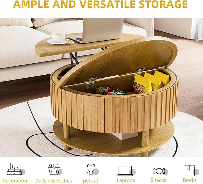 Round Lift Top Coffee Table with Storage, 31.5'' Modern 2-Tier Coffee Table with Hidden Storage Compartment and Open Shelf, Fluted Center Table for Living Room Office (Wood Color)